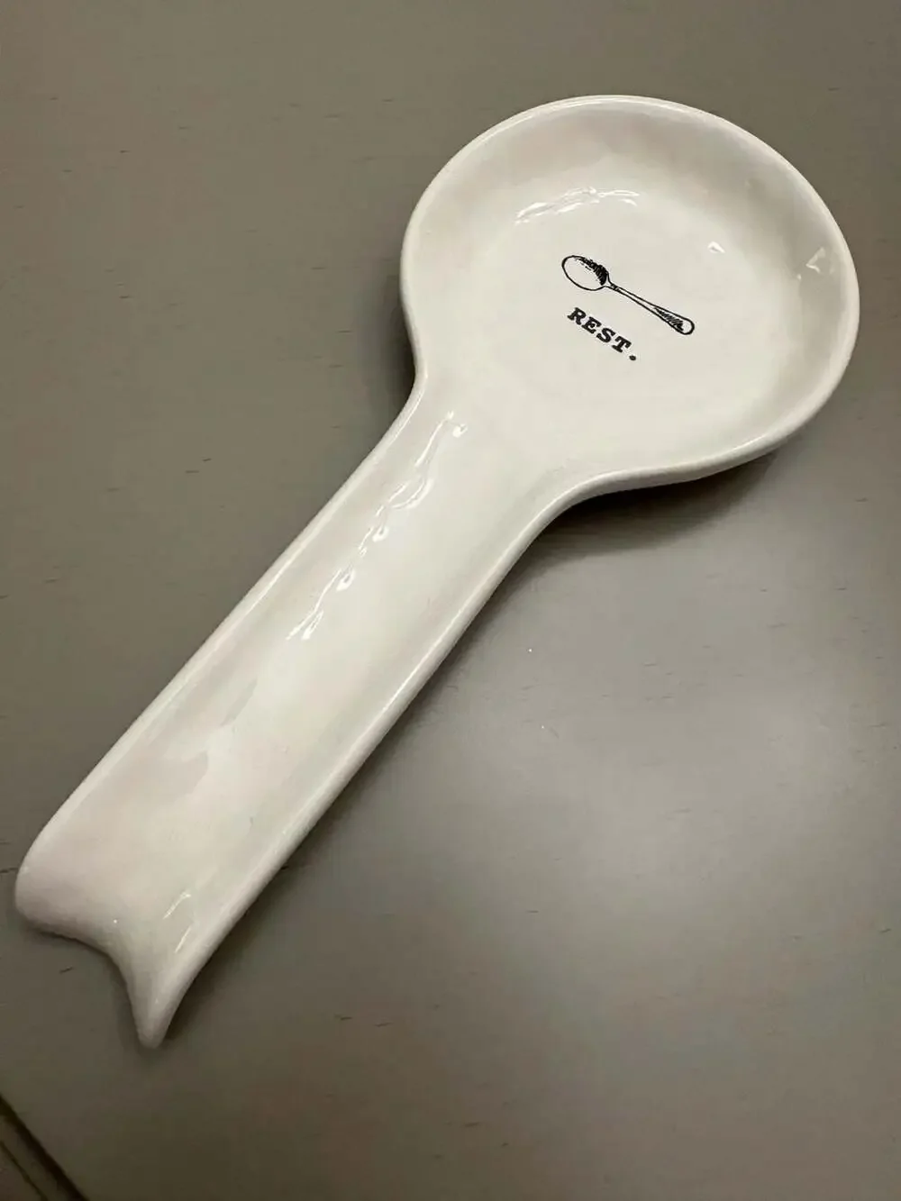 Rae Dunn White Ceramic Spoon Rest with Spoon Icon and Script